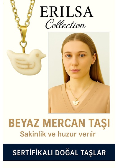 Erilsa Sertifikalı Altın Renkli Kuş Model Beyaz Mercan Kolye Huzur Ve Çok Renkli