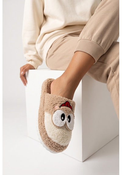 Kadın Peluş Ev Terliği Sevimli Yüz Desenli Şık Kışlık Kapalı Burun Sıcak Tutan Rahat Misafir Pandufu Taba