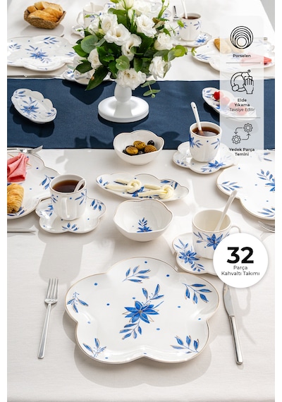 Emsan İntense Blue Porselen 32 Parça 6 Kişilik Kahvaltı / Servis Beyaz