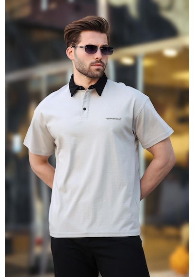 Madmext Boyalı Gri Düğmeli Polo Yaka Erkek T-shirt E7119 Boyalı Gri