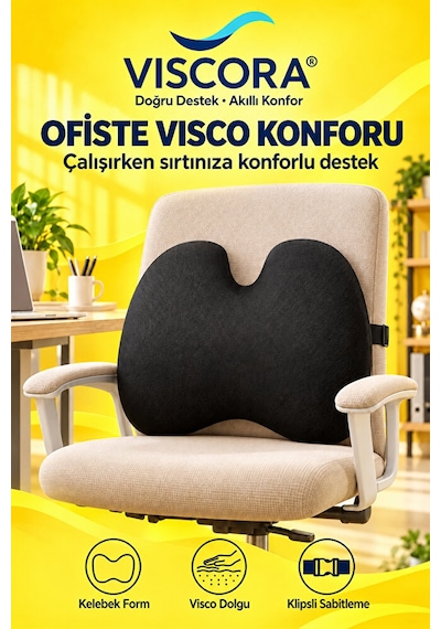 Araba Sırt Minderi Ofis Koltuğu Ve Ev İçin Visco Kelebek Klipsli Bel Destek Yastığı Siyah
