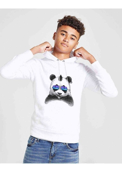 Tshirthane Panda Baskılı Unisex Çocuk Kapüşonlu Beyaz Sweatshirt (528892779) Beyaz