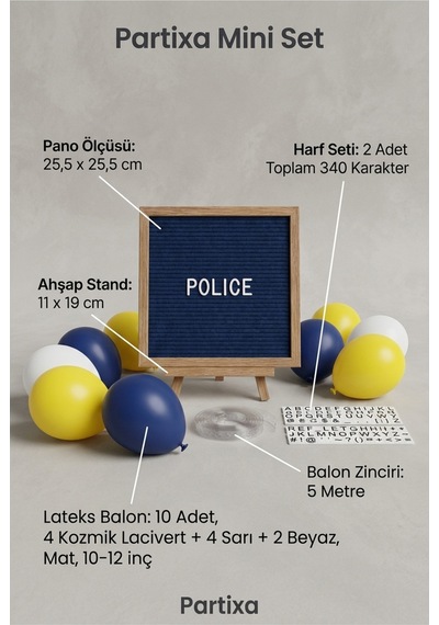 Polis Temalı Doğum Günü Süsleme Mini Set Koyu Mavi Keçe Yazı Panosu Standlı Balon Zincirli Polis Devriye Konsepti