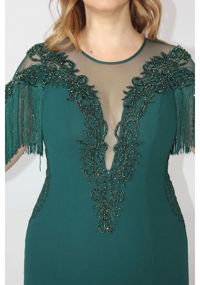 Moda Berray 80099 İşlemeli Püsküllü Büyük Beden Uzun Abiye Siyah Yeşil