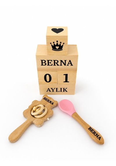 Kişiye Özel İsimli Bebek Mama Çocuk Yemek Kaşığı Silikon Uçlu - Bebek Çıngırak-bebek Anı Küpü Tekstil Boyalı-%100 Doğal Organik Ahşap Set - Hediyelik - Yeni Doğan