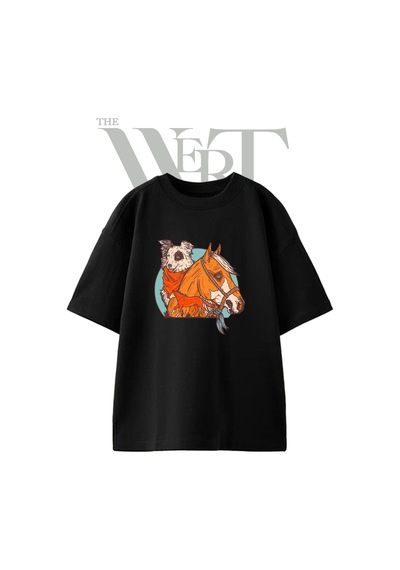 Thewert Western Dog Horse Tasarım Baskılı Ünisex Siyah Oversize T-shirt