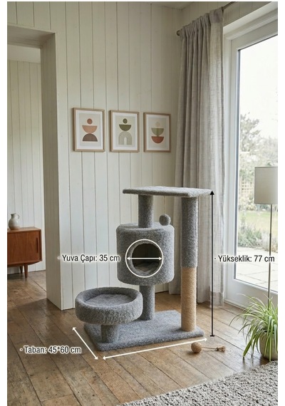 Missidea Nrs-013 Yuvarlak Teras Ve Yuvalı Kedi Tırmalama Evi Gri
