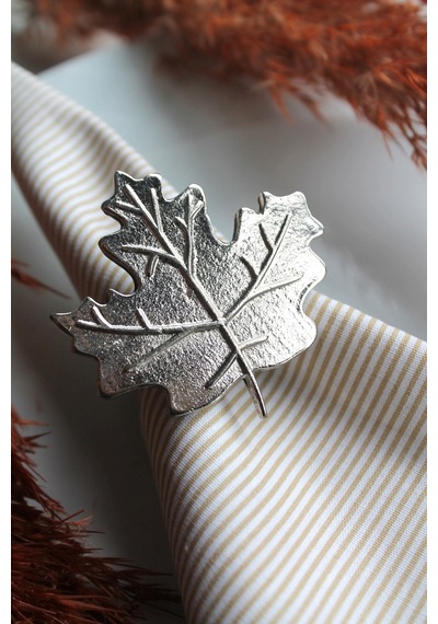 6 Adet Gümüş Çınar Yaprağı Metal Peçete Halkası - Napkin Ring
