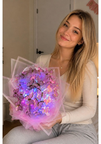 Işıklı Kelebek Buketi Premium Rgb Led Kelebekli Çiçek Buketi, Sevgiliye Kıza Arkadaşa Romantik Doğum Günü Hediyesi