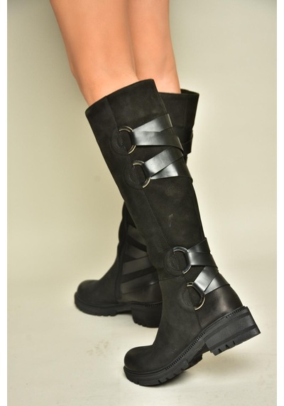 Fox Shoes T654047201 Siyah Hakiki Deri Nubuk Kadın Çizme Siyah-nubuk Siyah