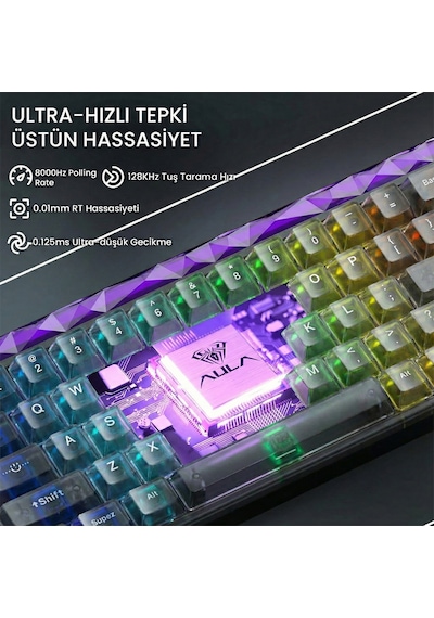 Aula Hero 68 He Manyetik Klavye Rapid Trigger Jade King Switch 8000hz Rgb Neon Tkl Hot Swap Oyuncu Klavyesi Şeffaf Siyah