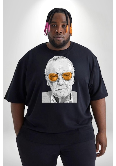 Angemiel Stan Lee Siyah Büyük Beden Erkek Kadın Unisex Basic Ön Baskılı Tişört Siyah