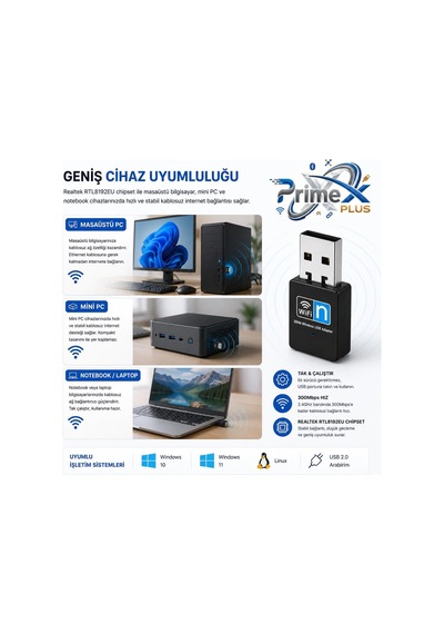 Primex Px-wf3 Realtek Rtl8192eu 300mbps Usb Wifi Adaptör, 2.4ghz 802.11n Wireless Dongle, Usb Kablosuz Ağ Alıcı, Pc Laptop Notebook Mini Pc İçin Wifi Aparatı, Windows 11/10 Ve Linux Tak Çalıştır