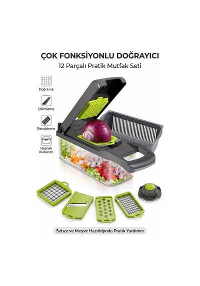 Fb-105 Çok Fonksiyonlu Doğrayıcı 12 Parçalı Sebze Doğrayıcı, Rende, Dilimleyici Ve Süzgeç Seti Siyah