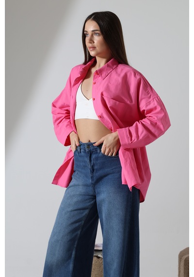 Yeni Sezon Poplin Kumaş Çift Cepli Oversize Pamuklu Kadın Tunik Gömlek Pembe