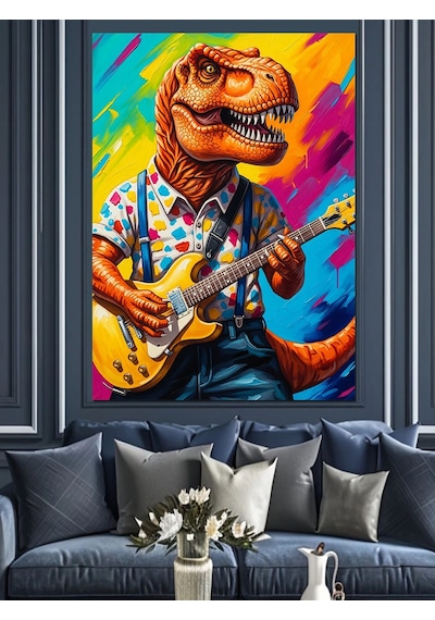 Ahşap Tablo Gitar Çalan Renkli Dinozor