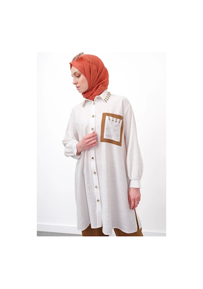 Pureva Yaka Taş Detaylı Tunik - Ekru