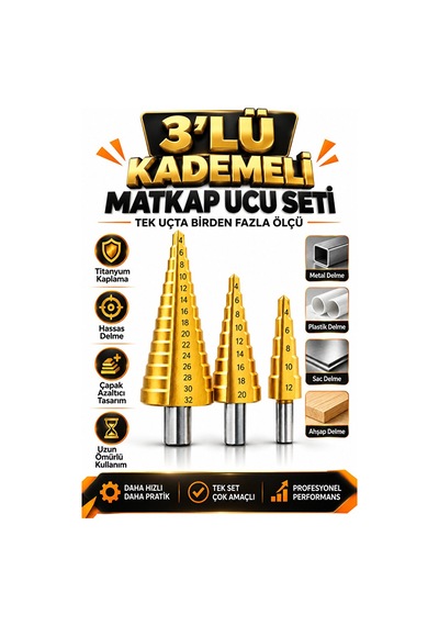 3 Parça Titanyum Kaplama Kademeli Matkap Ucu Metal Sac Delme