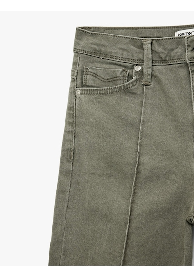 Koton Nervürlü Cepli Düğmeli İspanyol Paça Denim Pantolon - Flare Jeans Haki 6sal40080mw Haki