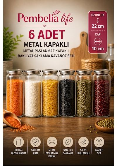 6 Adet 1300 Ml Vakumlu Metal Kapaklı Cam Kavanoz Bakliyatlık Erzak Saklama Kabı Gri Gri