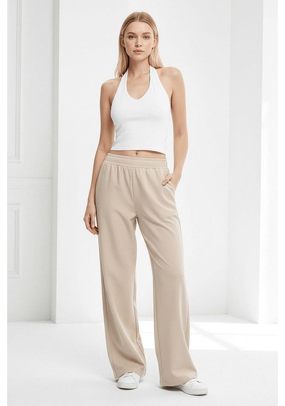 Dokuma Bej Geniş Paça Beli Lastikli Basic Uzun Kadın Pantolon Sh191 S