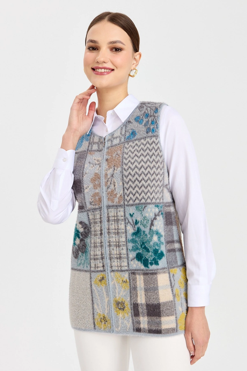 Desen Triko Kadın Sıfır Yaka Patchwork Yelek A.mavi A.mavi