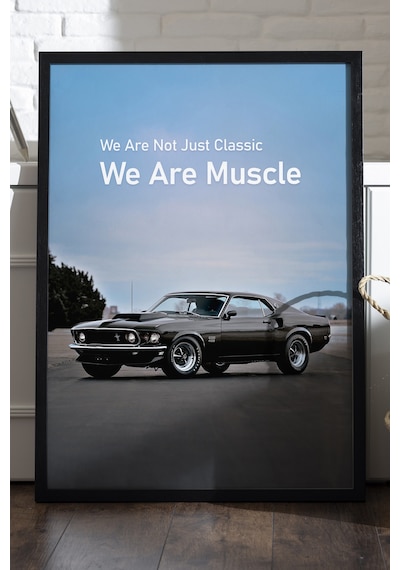 1969 Ford Mustang Boss 429 Siyah Ahşap Çerçeveli Poster, Dekoratif Araba Duvar Tablosu