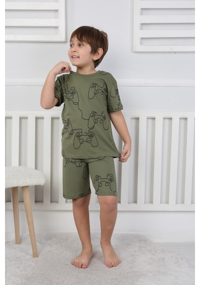 Bunny Hopp Şortlu Erkek Çocuk Pijama Takımı %100 Pamuk Desenli Yazlık 3-8 Yaş Yeşil