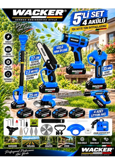V-TEC Seri 4X Akü Full 5 Li Bahçe Seti Bağ Makası 17 Cm Testere Hava Üfleme Çim Biçme + 2.2 MT Teleskop
