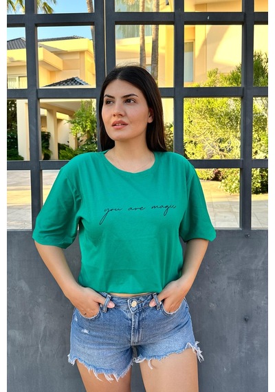 Yeşil Renk You Are Magic Baskı Unisex Oversize T-shirt Yeşil