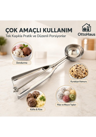 Paslanmaz Çelik Dondurma Kaşığı, Otomatik Yaylı Bırakma Mekanizmalı Porsiyonlama Kaşığı, Kurabiye Hamuru, Köfte, Püre Ve Tatlı Servis Kepçesi