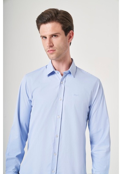 İmza Mavi Sert Yaka Uzun Kol Cepsiz Slim Fit Pamuklu Gömlek 1004260213 Koyu Mavi