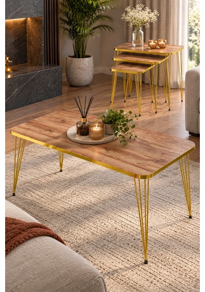 Sulorahome Ceviz Desenli Gold Metal Ayaklı 4'lü Sehpa Seti Ceviz - Altın