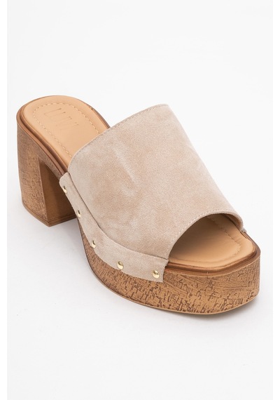 Luvishoes Luvi Shoes Pull Bej Süet Hakiki Deri Kadın Platform Topuklu Terlik Bej