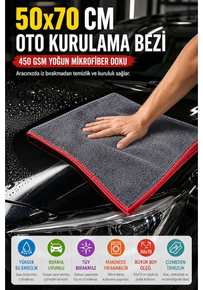 450 Gsm Oto Araç Kurulama Bezi Mikrofiber Oto Yıkama Temizlik Bezi Tüy Bırakmaz Gri 50x70 Cm