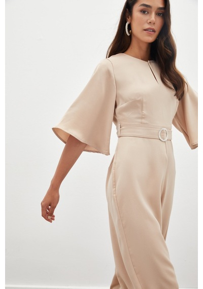Sateen Kemerli Krep Tulum - Bej