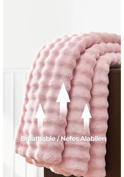 Kürk Bubble Battaniye Seti Çift Kişilik Peluş Tavşan Tüyü 3 Parça Yumuşak 220x240 Cm Pudra