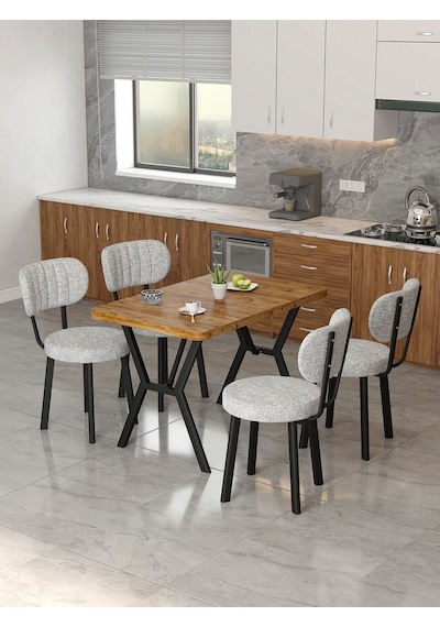 Azra 70x110cm Atlantik Mutfak Masası, Mutfak Masası Takımı, Yemek Masası, 4 Açık Gri Sandalye Açık Gri