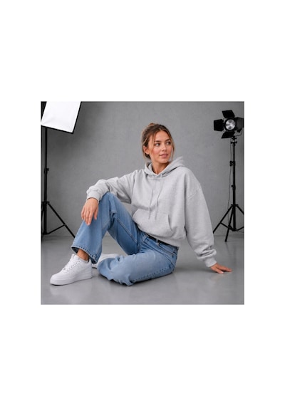 Herkesemoda Kadın Cepli Kapüşonlu 2 İplik Şardonlu Crop Boy Oversize Sweatshirt Gri