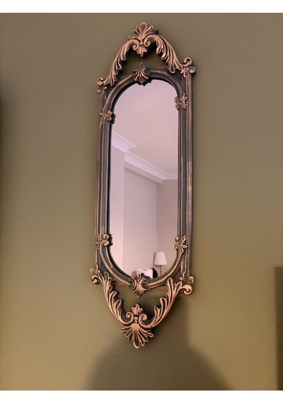 Kısa Oval Dekoratif Duvar Aynası Haki Yeşil & Eskitme Altın Yaldız 60x20 Cm Naturel