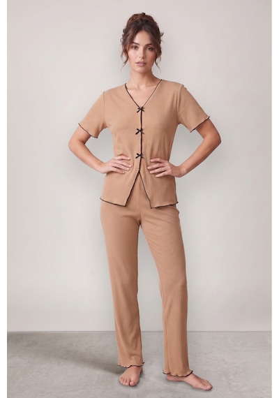 Bella Notte Kahverengi Mevsimlik V Yaka Pamuklu Fiyonk Detaylı Pijama Takımı