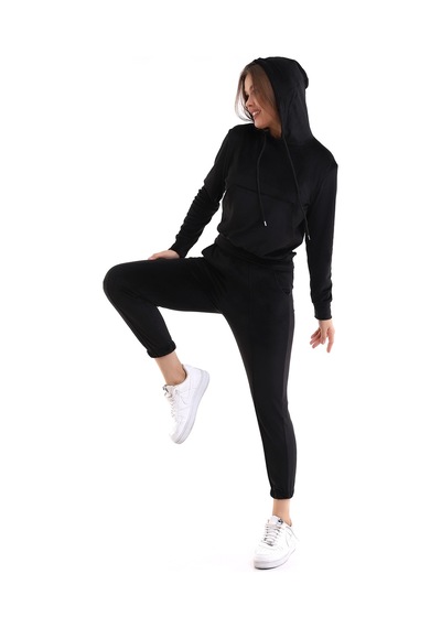 Winmoda34 Kadife Eşofman Takımı Kapüşonlu Fransız Kadife Yumoş Siyah