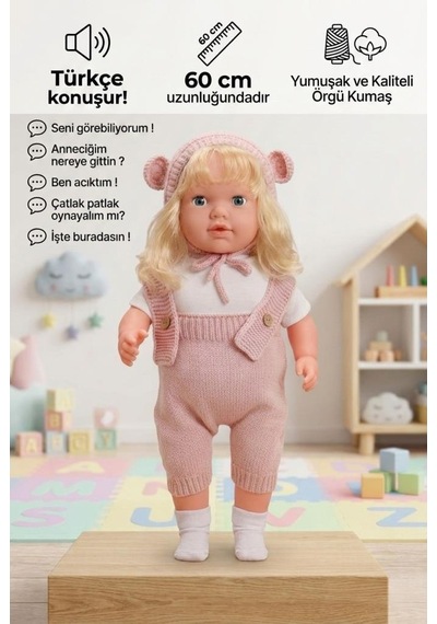 Konuşan Bebeğim 60 Cm Türkçe Konuşan Örgü Tulum Ve Şapkalı Kafası Bacakları Kolları Et Oyuncak Bebek 57162804