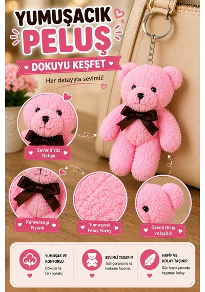 1 Adet Pembe Peluş Ayıcık Anahtarlık 15x8 Cm Çanta Sırt Çantası Anahtar Aksesuarı Sevimli Fiyonklu