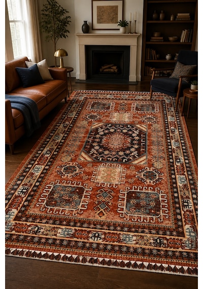 Sultan Kiremit Saçaklı Nostaljik Kilim Hali Salon Oturma Odası Robot Süpürge Uyumlu Kolay Temizlenebilir