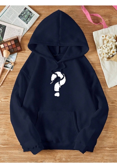 Startmore Lacivert Unisex Kadın/erkek Soru Renkli Özel Baskılı Pamuklu Oversize Kapüşonlu
