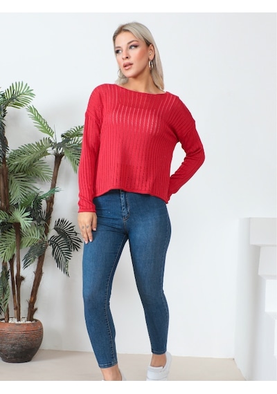 Uzun Kollu Ajurlu Bluz 23aj0021-kırmızı Kırmızı