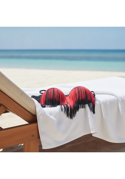 Bonbon Kadın Plaj Giyim Siyah Renk Kırmızı Püsküllü Destekli Dolgulu Bikini Üst Bb2543