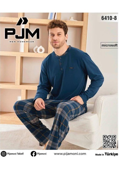 Pijamoni Erkek Düğme Yaka Kışlık Mikrosoft Likralı Pijama Takımı 6410/8 - 1 Adet Petrol