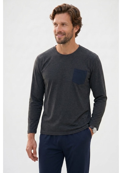 Tudors Erkek Standart Fit Rahat Kesim Uzun Kollu Pamuklu Gri Lacivert Pijama Takımı-51177